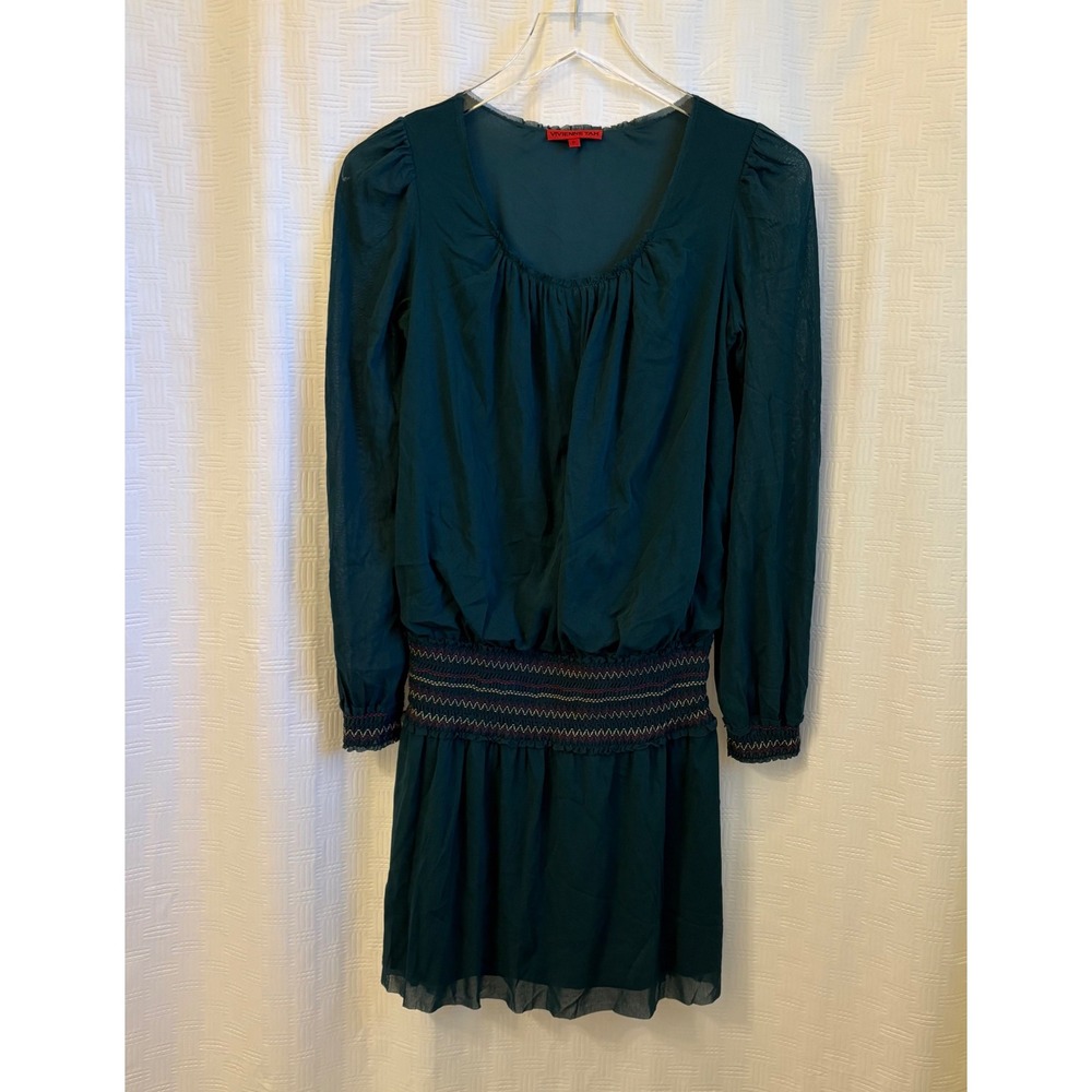 Vivienne Tam‎ Teal Green Silk Mesh Smocked Drop Waist Mini Dress Womens Size P